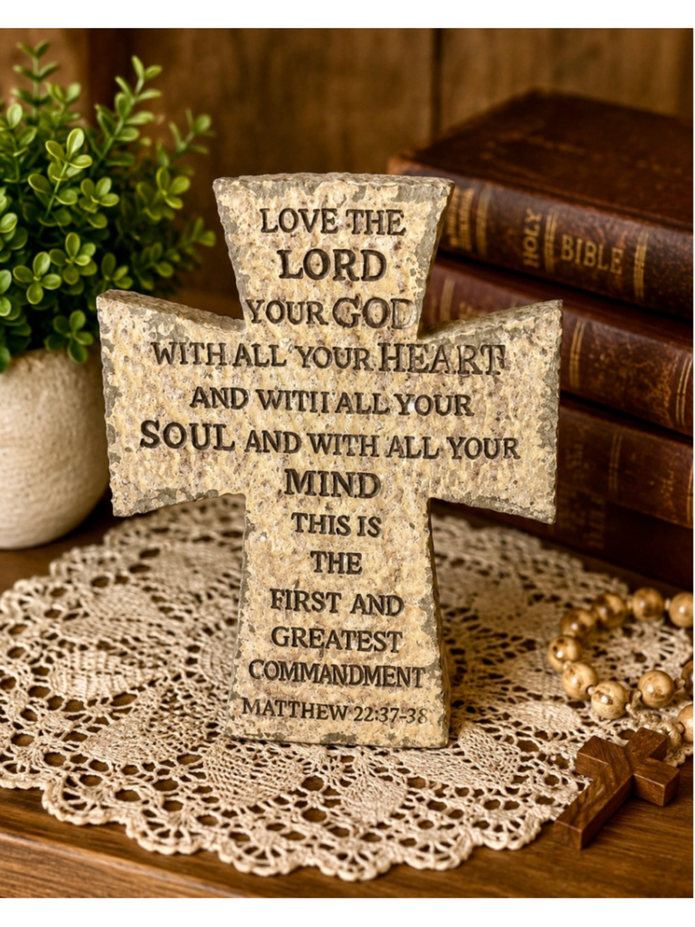 "Love the Lord Your God" Scripture Stone Cross, 6.25" Tall, 4.75" Wide